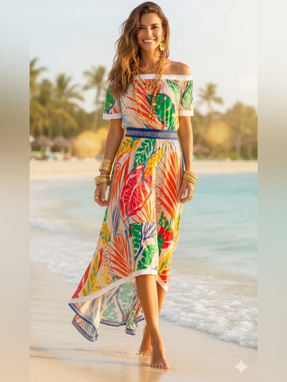 Flying Tomato Tropical Off Shoulder High Low Maxi Dress Small EUC